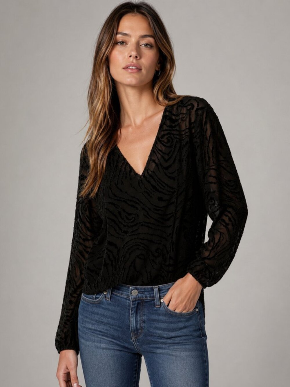 PAIGE Sheer Velvet Detail Peasant Blouse Black‎ Size Small